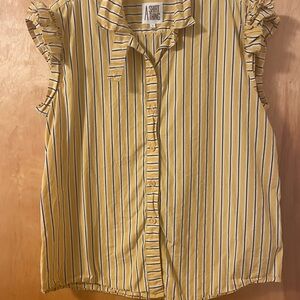 A Shirt Thing Size Large Ruffled Front Buttons Yellow Striped